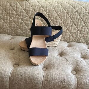 Life Stride Navy and Tan Wedge Sandals